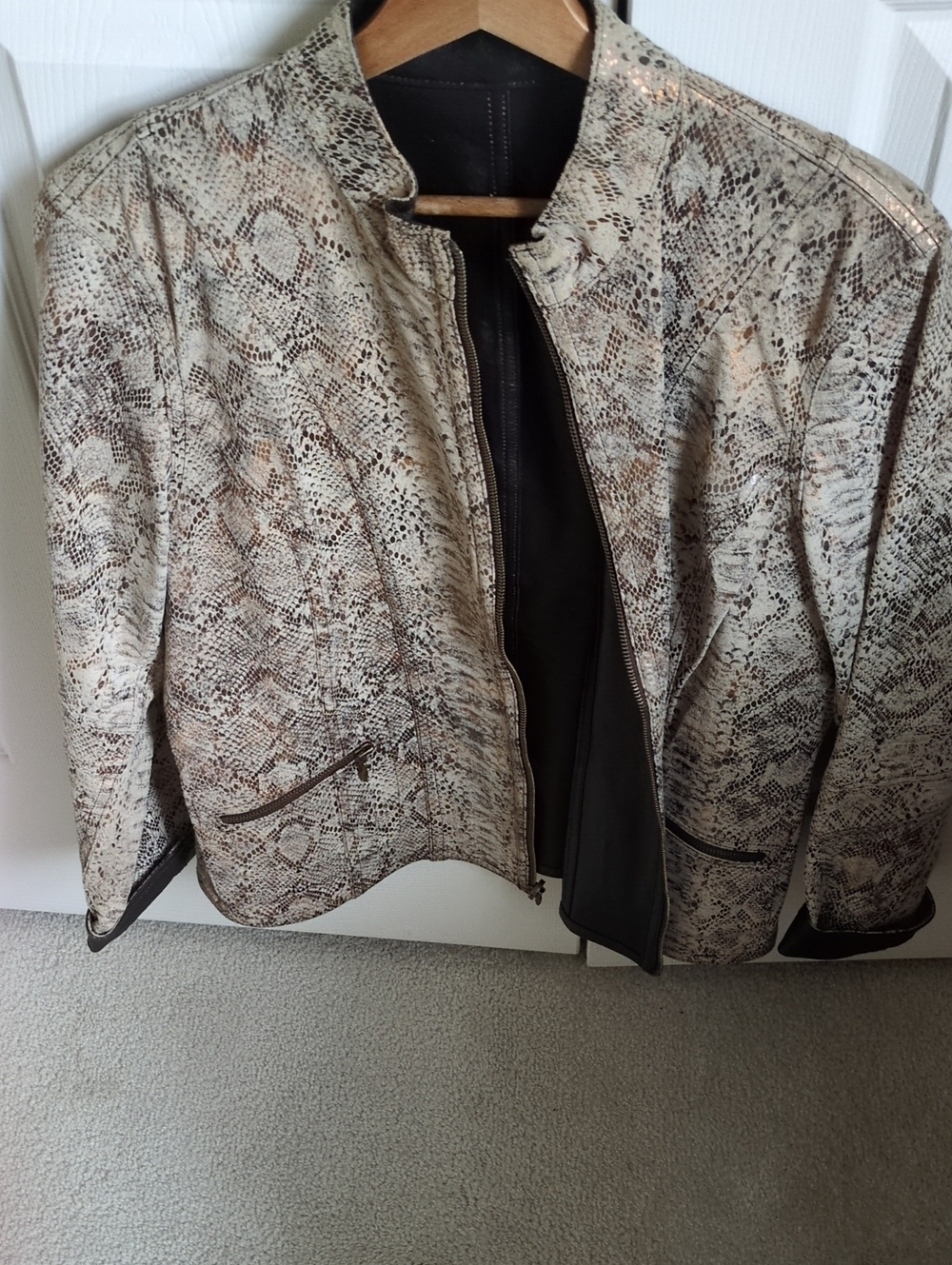 Women's Snake-Print Leather Jacket in Beige and Brown - Reversible